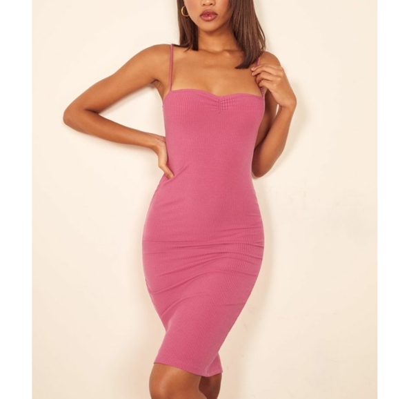 REFORMATION Pink Ribbed Midi Bodycon Dress sz M - Picture 2 of 8